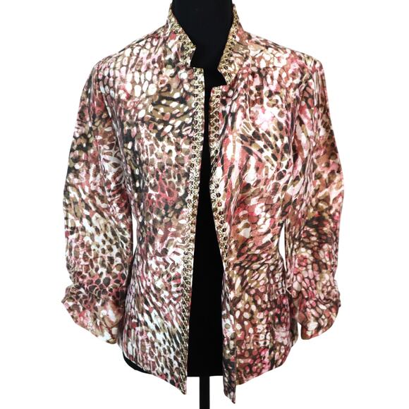 Chicos 1 Linen Blend Open Front Jacket Animal Print Embroidered Sequin Medium - Picture 1 of 9